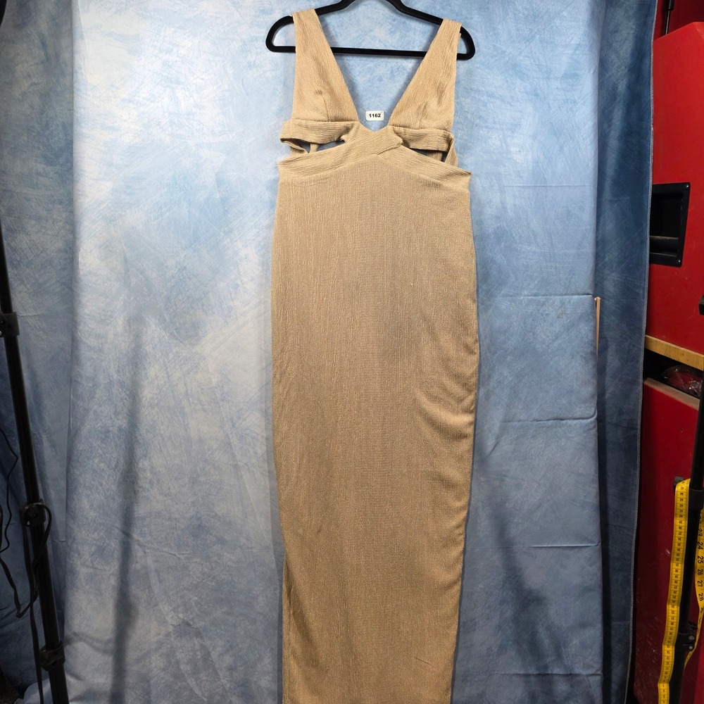 Rumer Champagne Gold Metallic Plisse Cutout Maxi Dress Women szM V-Neck Backless